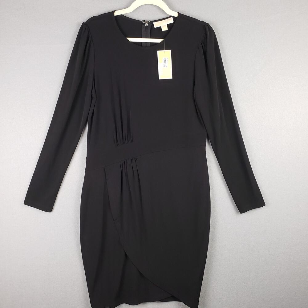 Michael Kors Sizeโ L Long Sleeve Ruched Bodycon Dress Black LBD Evening Sate NWT